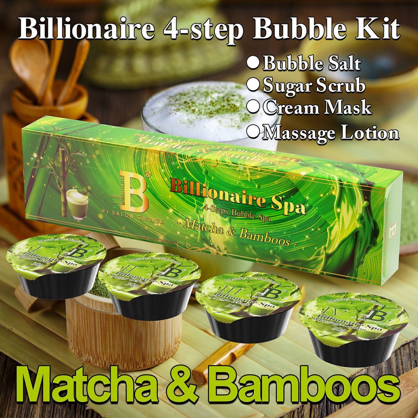 Billionaire Bubble Spa Nail Deluxe Pedicure Kit 4 Steps - Matcha & Bamboos
